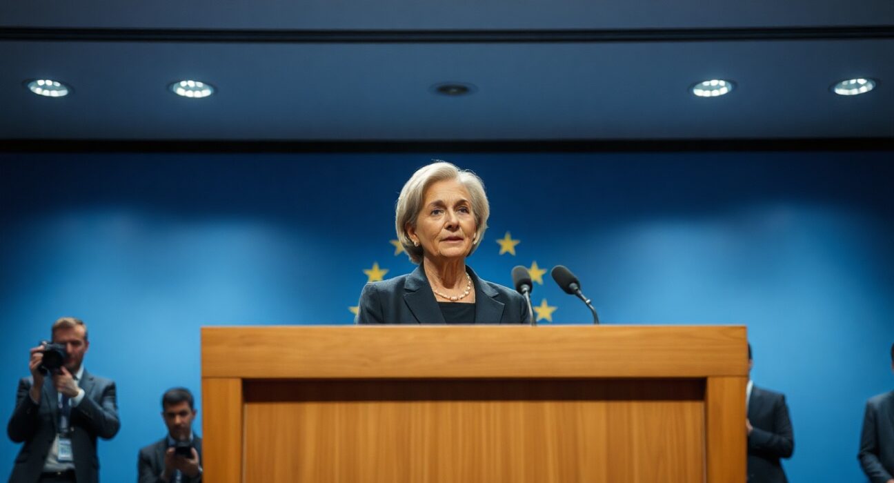ECB President Christine Lagarde speaking at a press conference in Frankfurt.