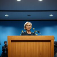 ECB President Christine Lagarde speaking at a press conference in Frankfurt.