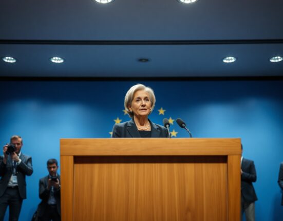 ECB President Christine Lagarde speaking at a press conference in Frankfurt.