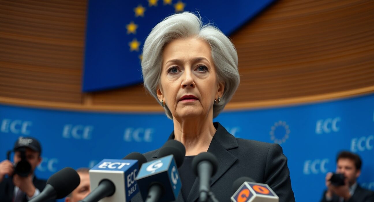 ECB President Christine Lagarde speaking at a press conference in Frankfurt