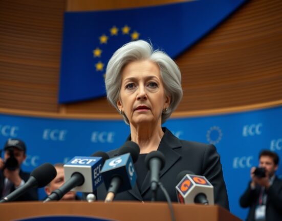 ECB President Christine Lagarde speaking at a press conference in Frankfurt