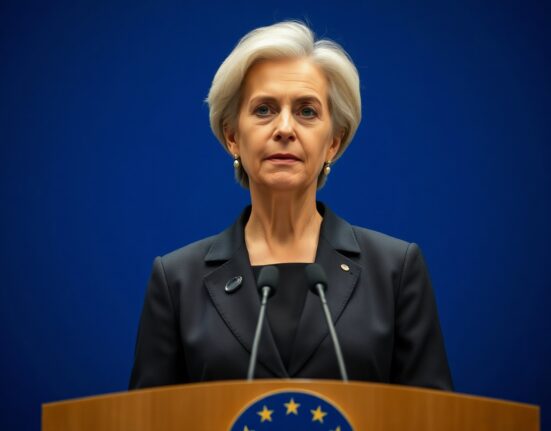 ECB President Christine Lagarde speaking at a press conference in Frankfurt.