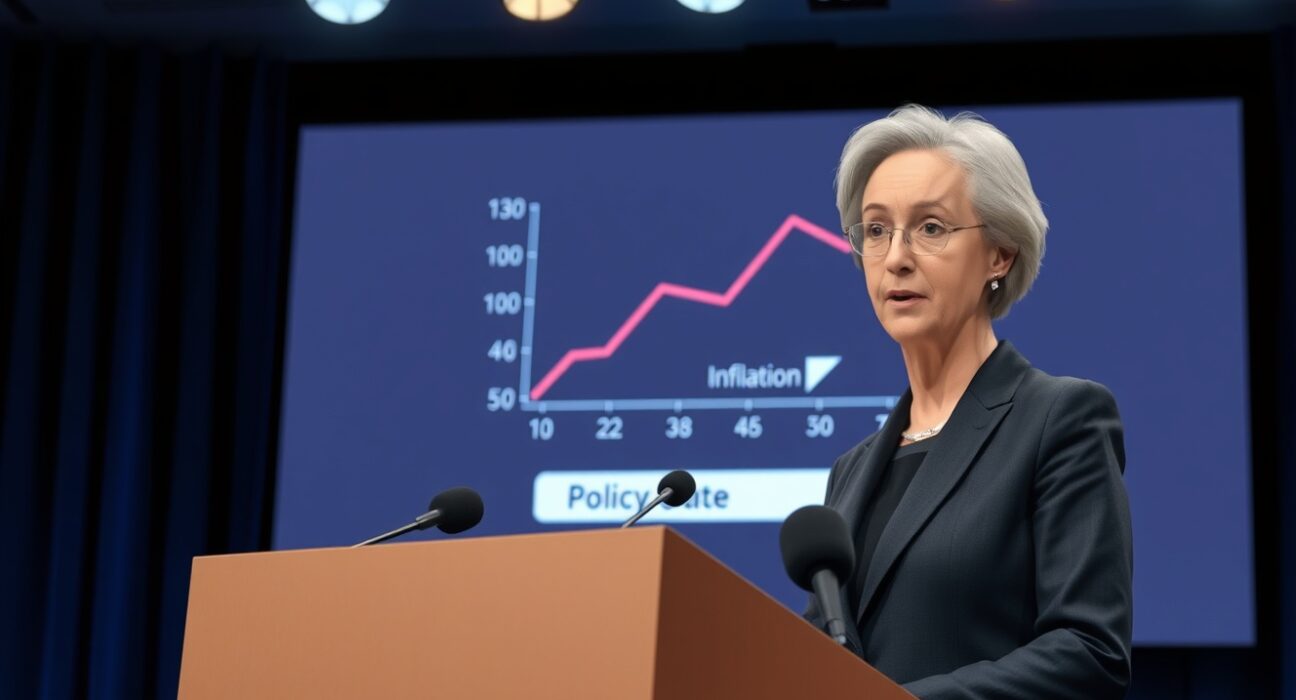 ECB President Christine Lagarde speaking at a press conference about interest rates as the best tool for controlling inflation, impacting cryptocurrency markets.