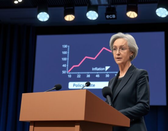 ECB President Christine Lagarde speaking at a press conference about interest rates as the best tool for controlling inflation, impacting cryptocurrency markets.