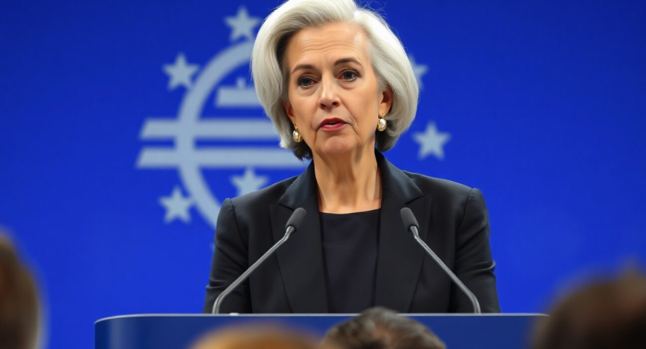 ECB President Christine Lagarde speaking at a press conference in Frankfurt, warning of second-round inflation effects.