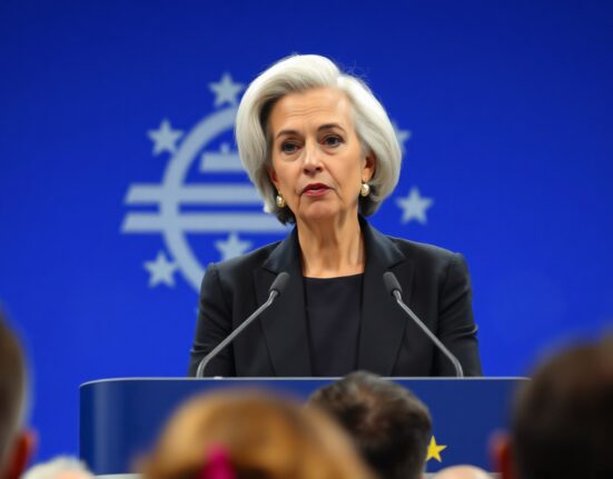 ECB President Christine Lagarde speaking at a press conference in Frankfurt, warning of second-round inflation effects.