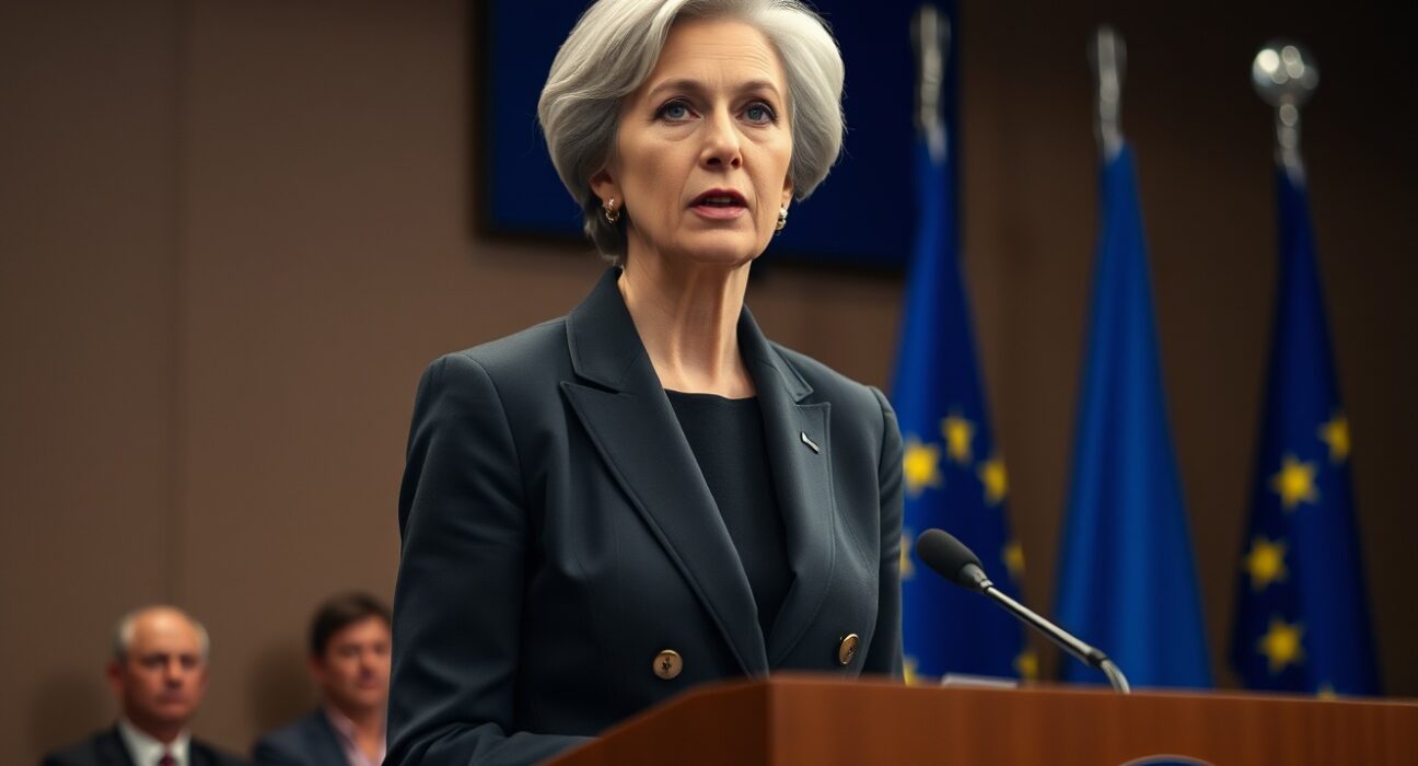 ECB President Christine Lagarde addressing economic stability and monetary policy during financial uncertainty.