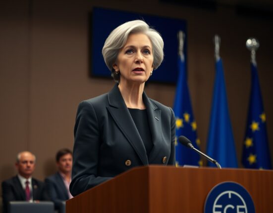 ECB President Christine Lagarde addressing economic stability and monetary policy during financial uncertainty.