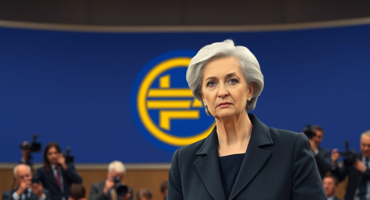 ECB President Christine Lagarde speaking at a press conference about the rate hike debate in monetary policy.
