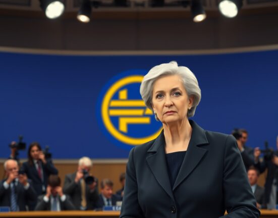ECB President Christine Lagarde speaking at a press conference about the rate hike debate in monetary policy.