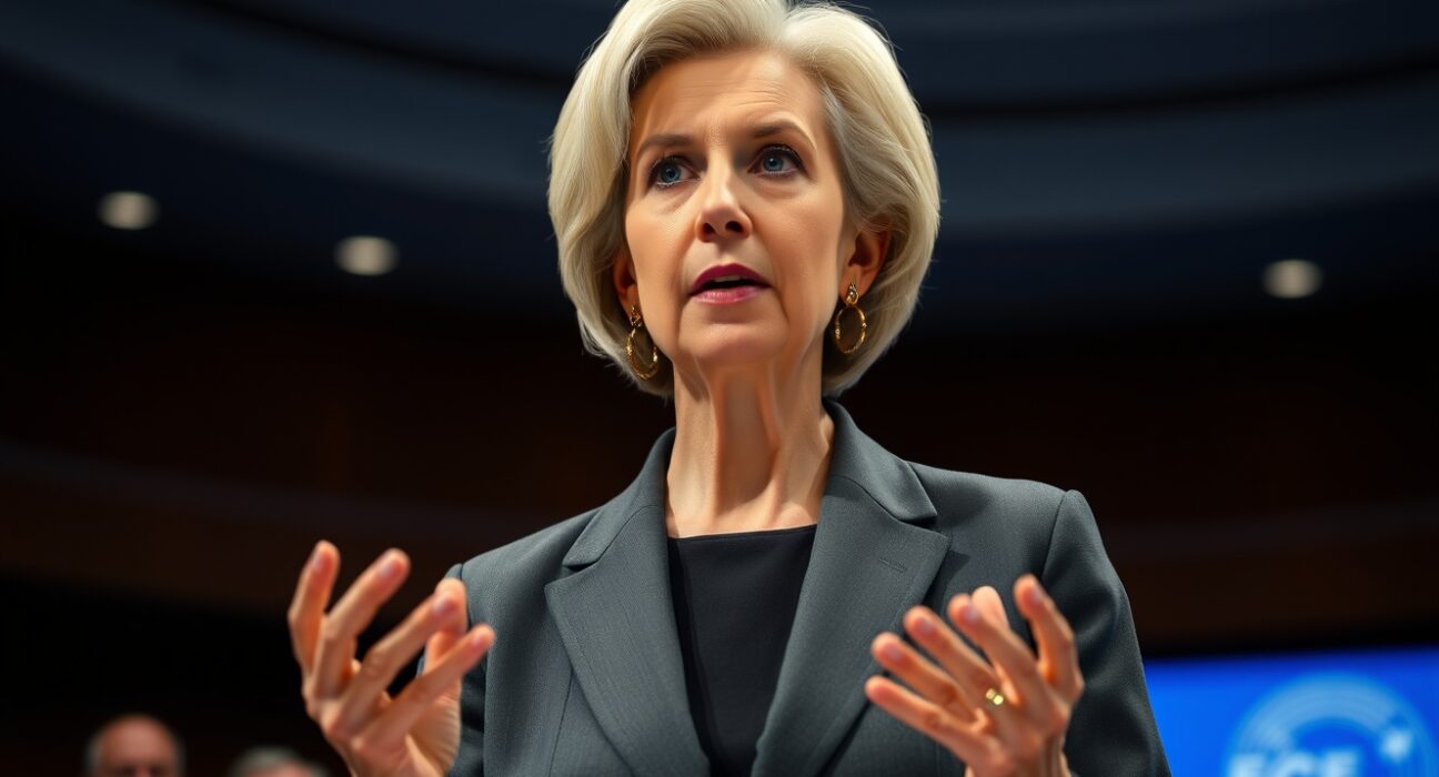 ECB President Christine Lagarde delivering critical speech on inflation adjustment and economic policy.