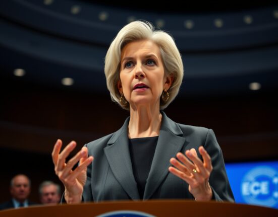 ECB President Christine Lagarde delivering critical speech on inflation adjustment and economic policy.