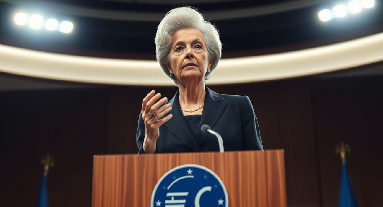 ECB President Christine Lagarde speaking at a press conference in Frankfurt