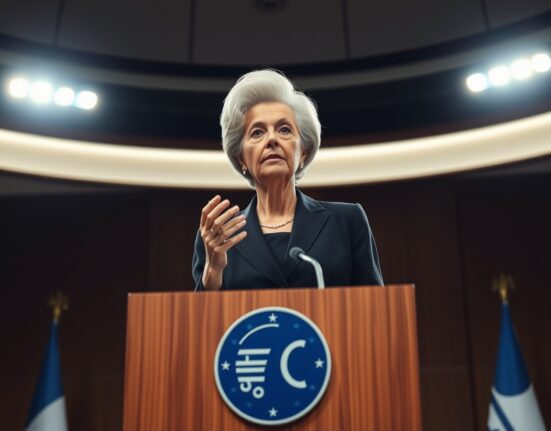 ECB President Christine Lagarde speaking at a press conference in Frankfurt