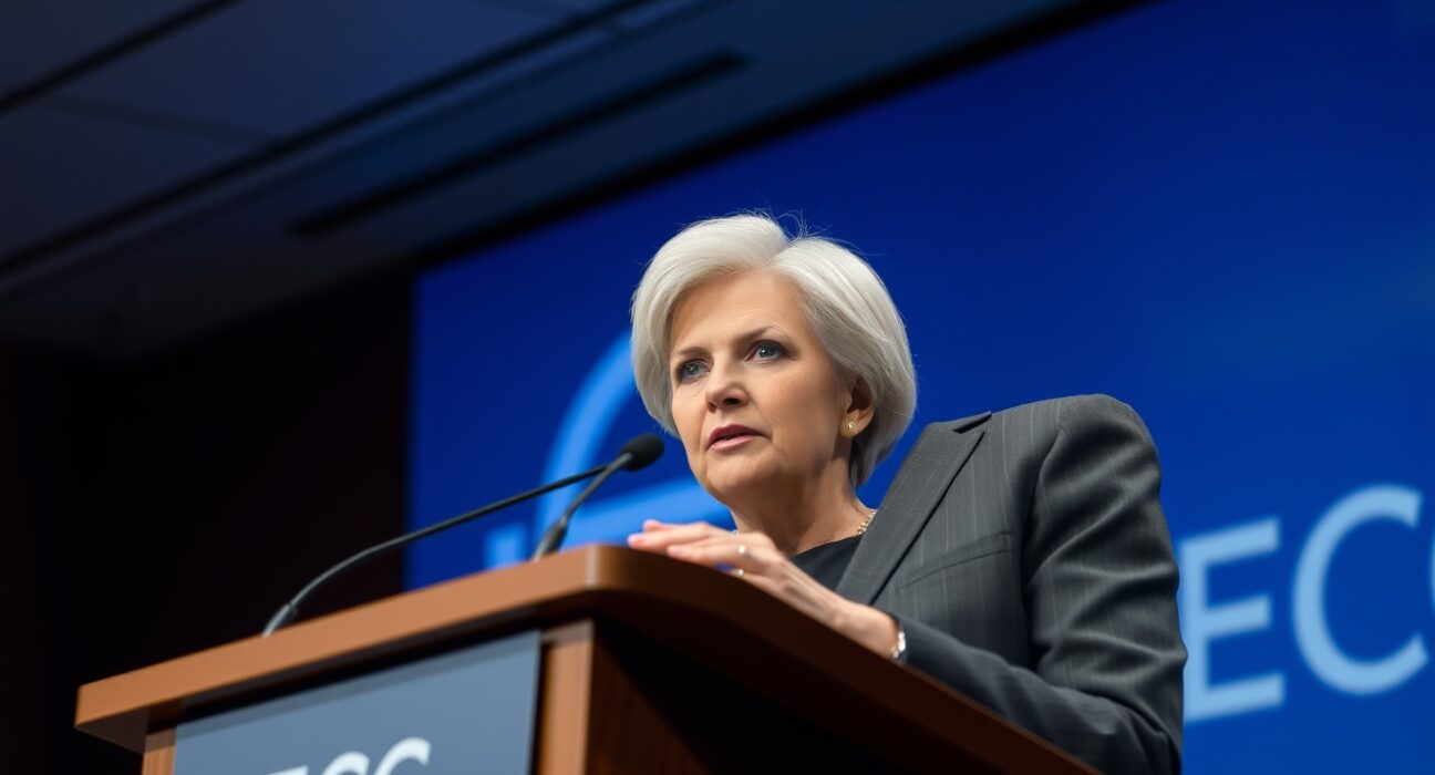 ECB President Christine Lagarde discussing market volatility and economic uncertainty in Frankfurt speech