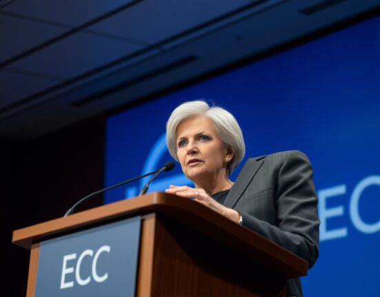 ECB President Christine Lagarde discussing market volatility and economic uncertainty in Frankfurt speech