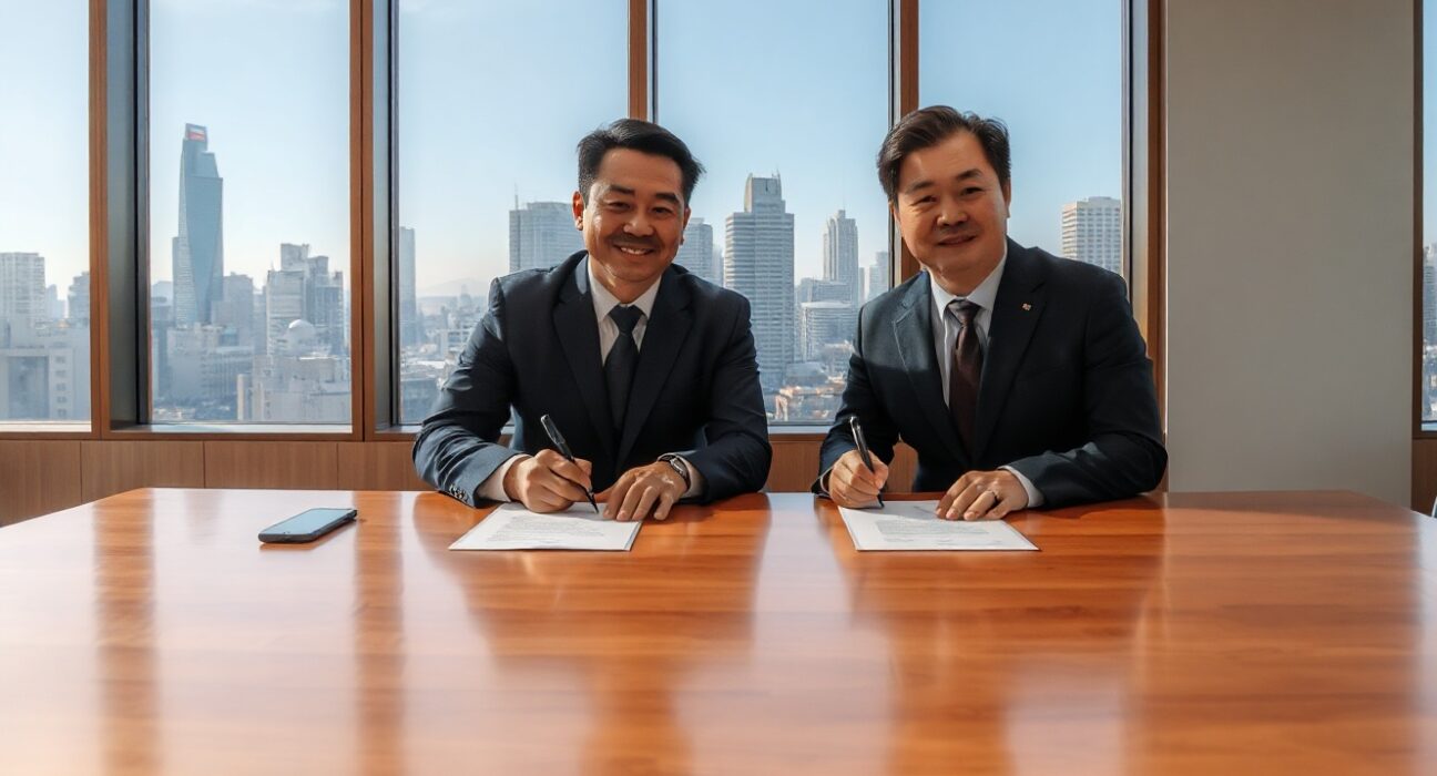 Lambda256 and CertiK representatives signing a partnership agreement in a modern Seoul boardroom.