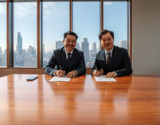 Lambda256 and CertiK representatives signing a partnership agreement in a modern Seoul boardroom.