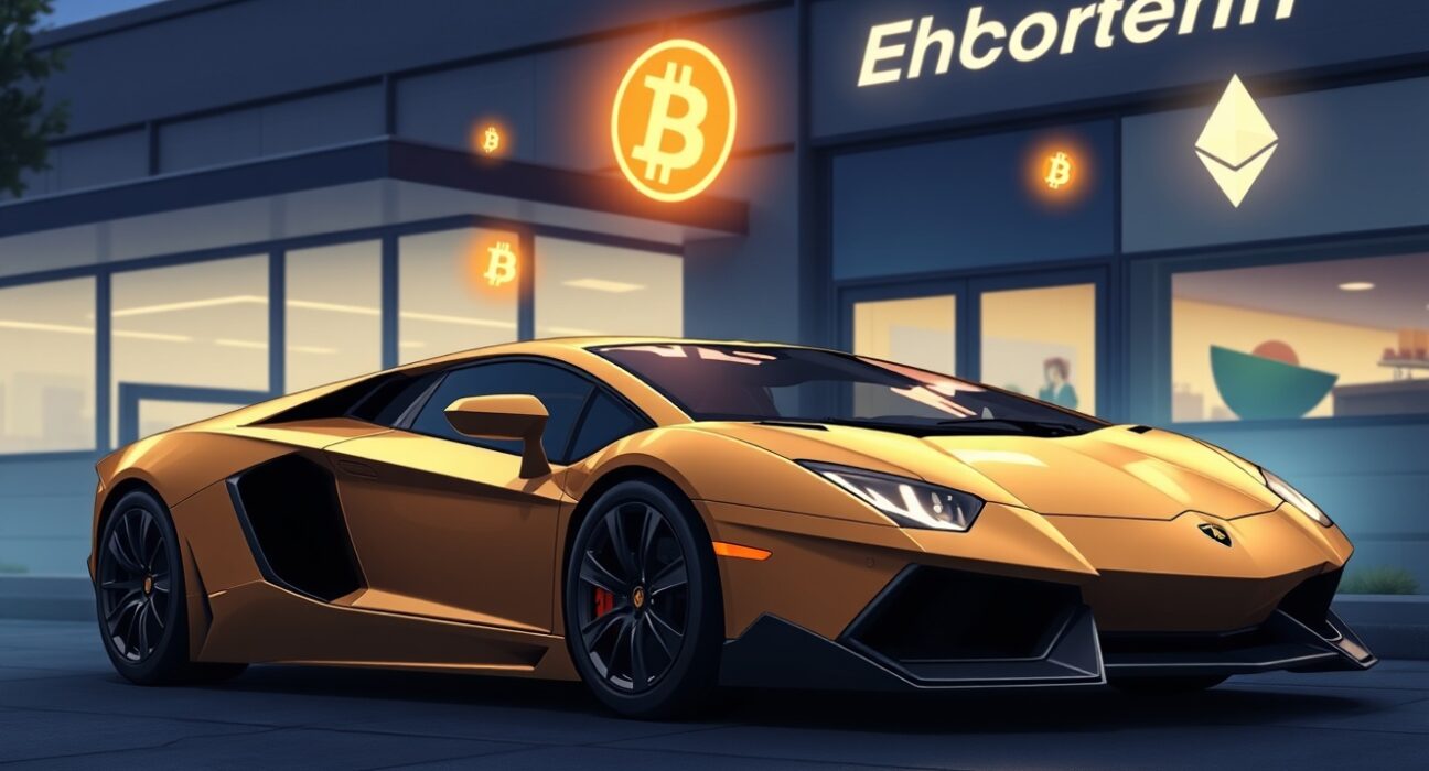 Lamborghini dealership accepting Bitcoin and Ethereum cryptocurrency payments for luxury vehicles.