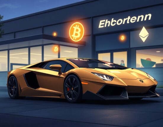 Lamborghini dealership accepting Bitcoin and Ethereum cryptocurrency payments for luxury vehicles.