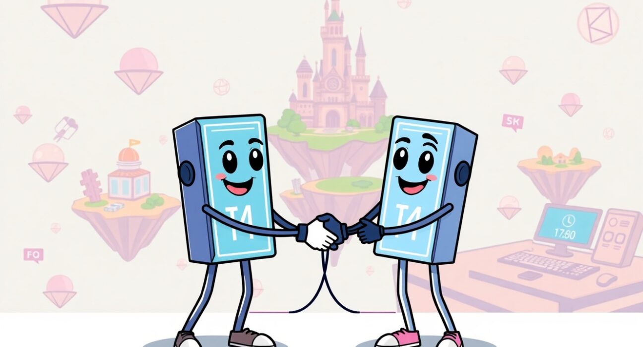 Cartoon illustration of the Lamina1 Linea partnership creating a vibrant digital platform for creators to own and share IP.