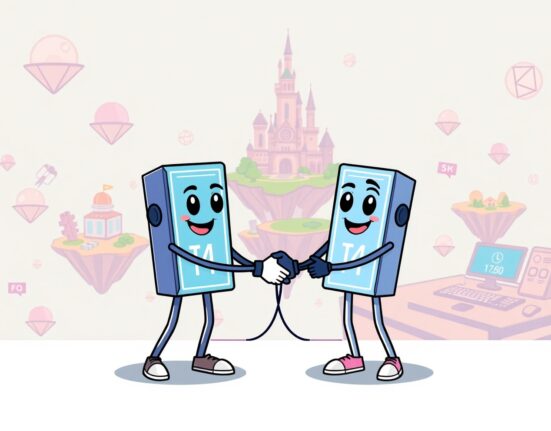 Cartoon illustration of the Lamina1 Linea partnership creating a vibrant digital platform for creators to own and share IP.