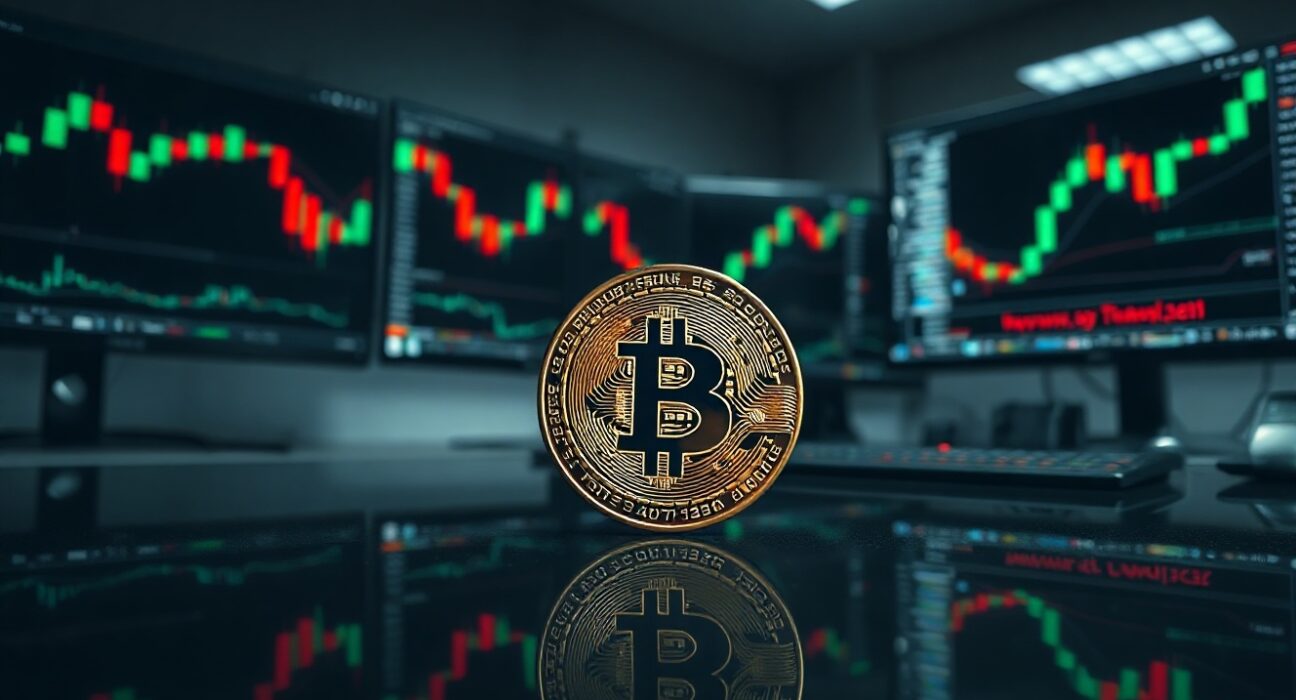 Bitcoin coin on a glass table with trading monitors showing charts in the background