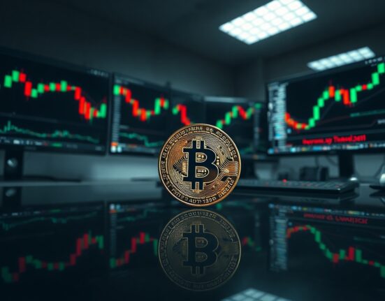 Bitcoin coin on a glass table with trading monitors showing charts in the background
