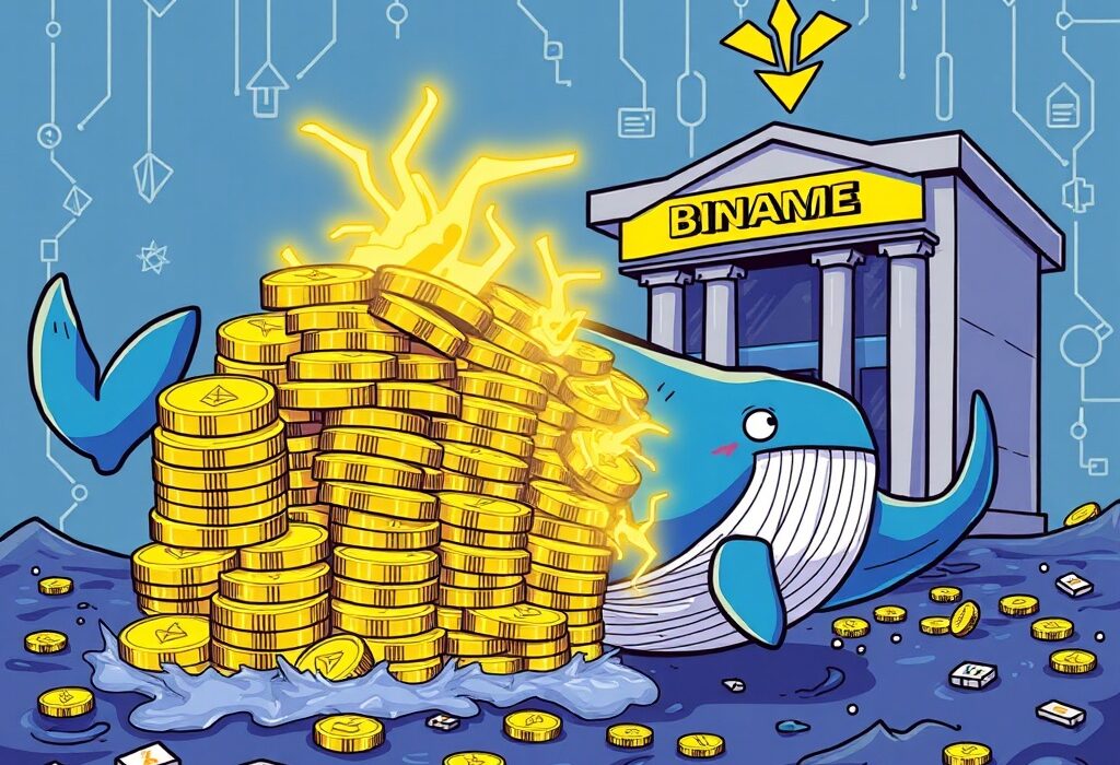 Cartoon whale moving a large ETH transfer to Binance, symbolizing significant market activity.