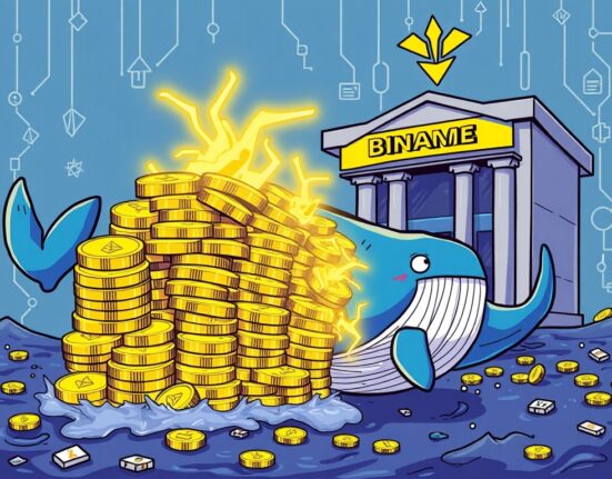 Cartoon whale moving a large ETH transfer to Binance, symbolizing significant market activity.