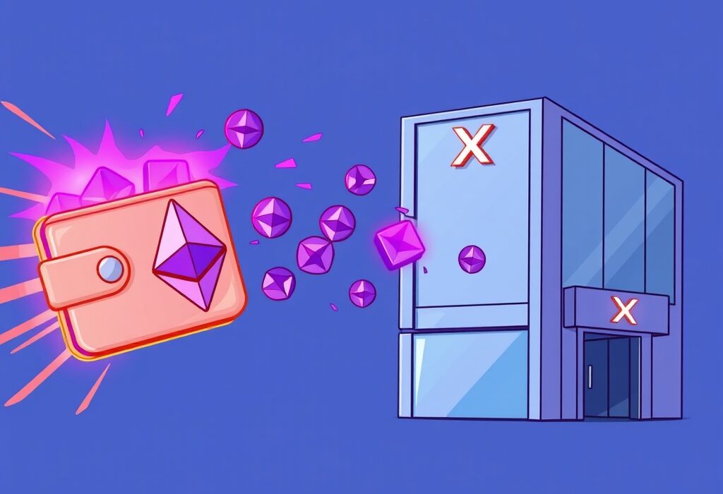 A cartoon illustration showing a large ETH withdrawal from a crypto exchange, symbolizing significant on-chain activity.