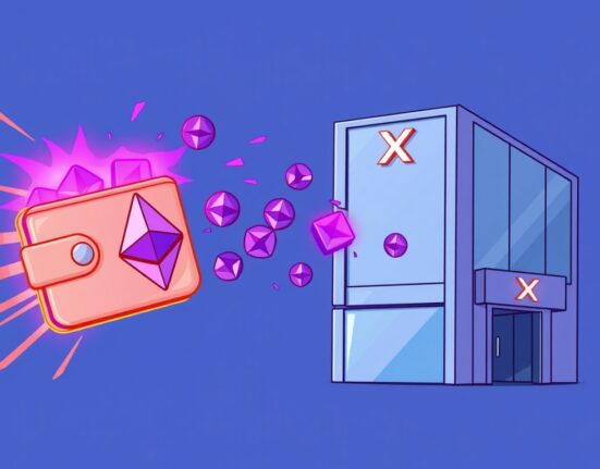 A cartoon illustration showing a large ETH withdrawal from a crypto exchange, symbolizing significant on-chain activity.