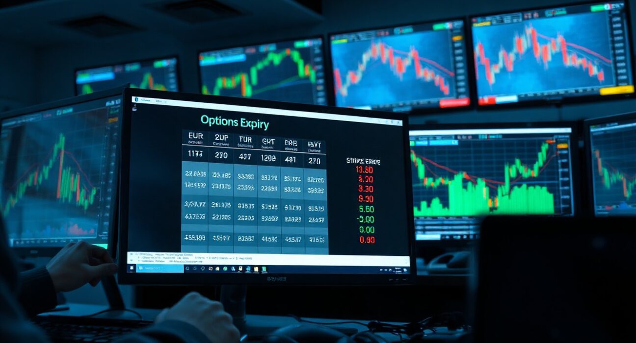 Trading desk monitors showing forex charts and options expiry data for major currency pairs