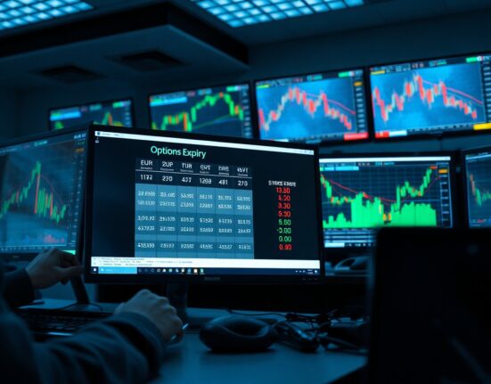 Trading desk monitors showing forex charts and options expiry data for major currency pairs