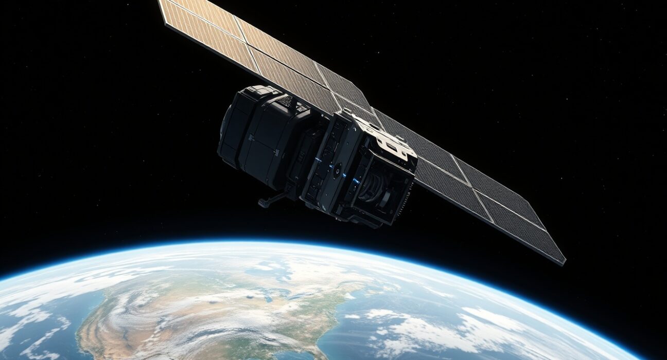 Satellite with orbital compute cluster processing data in space for defense and commercial applications.