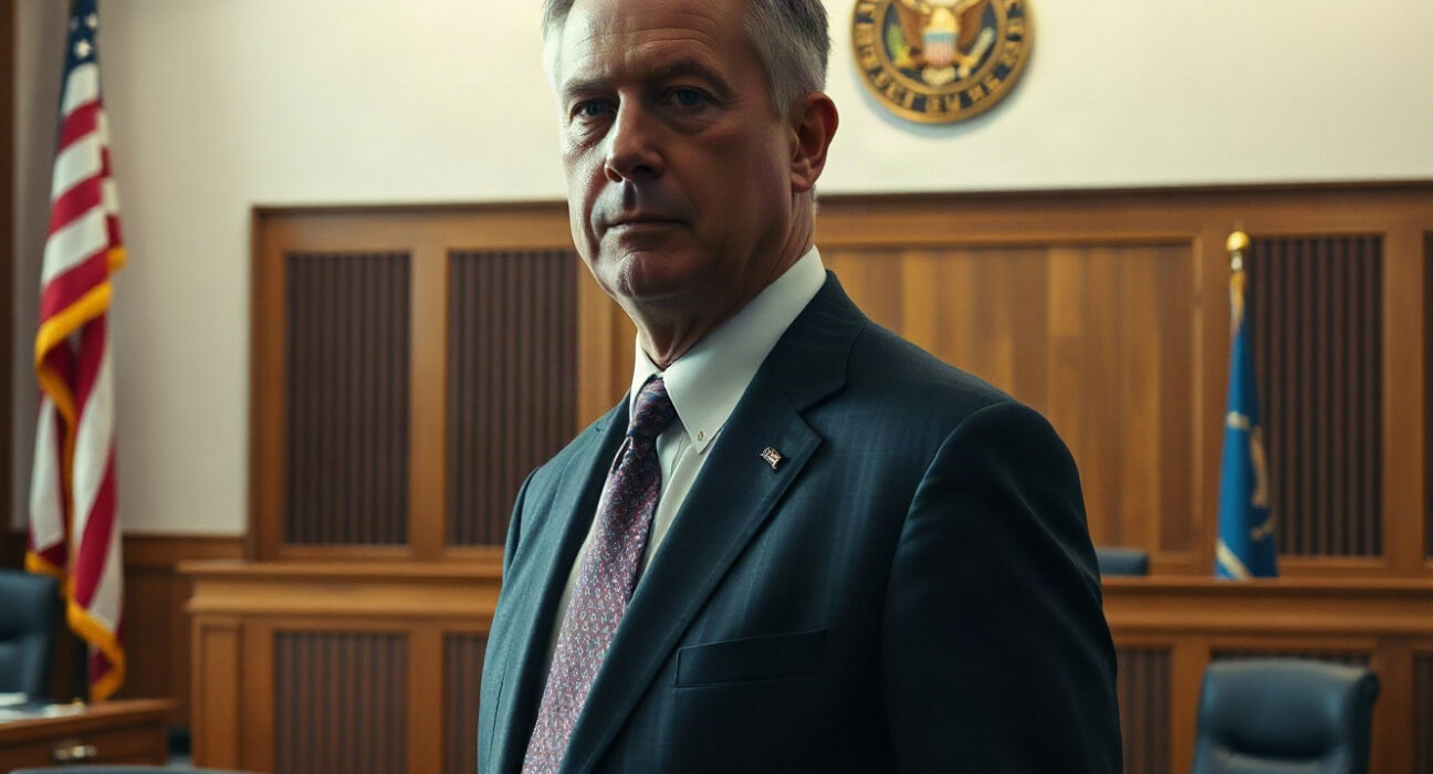 Courtroom scene with defendant in suit, symbolizing the conviction in a crypto Ponzi case