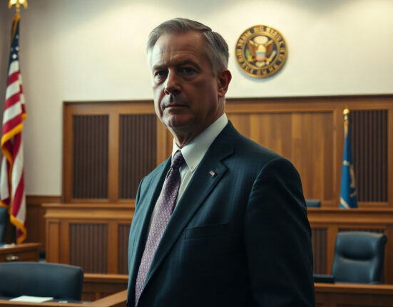Courtroom scene with defendant in suit, symbolizing the conviction in a crypto Ponzi case