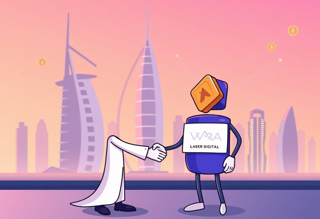 A cartoon illustration depicts Laser Digital securing a crypto derivatives license from VARA in Dubai, symbolizing regulated OTC crypto services.
