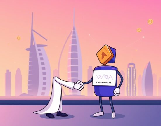 A cartoon illustration depicts Laser Digital securing a crypto derivatives license from VARA in Dubai, symbolizing regulated OTC crypto services.