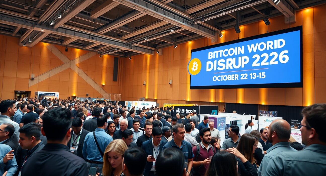 Crowd of tech professionals at Bitcoin World Disrupt 2026 conference hall in San Francisco
