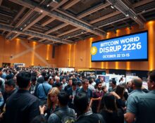 Crowd of tech professionals at Bitcoin World Disrupt 2026 conference hall in San Francisco