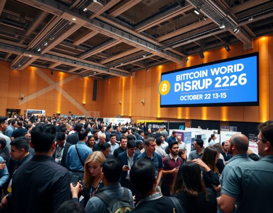 Crowd of tech professionals at Bitcoin World Disrupt 2026 conference hall in San Francisco
