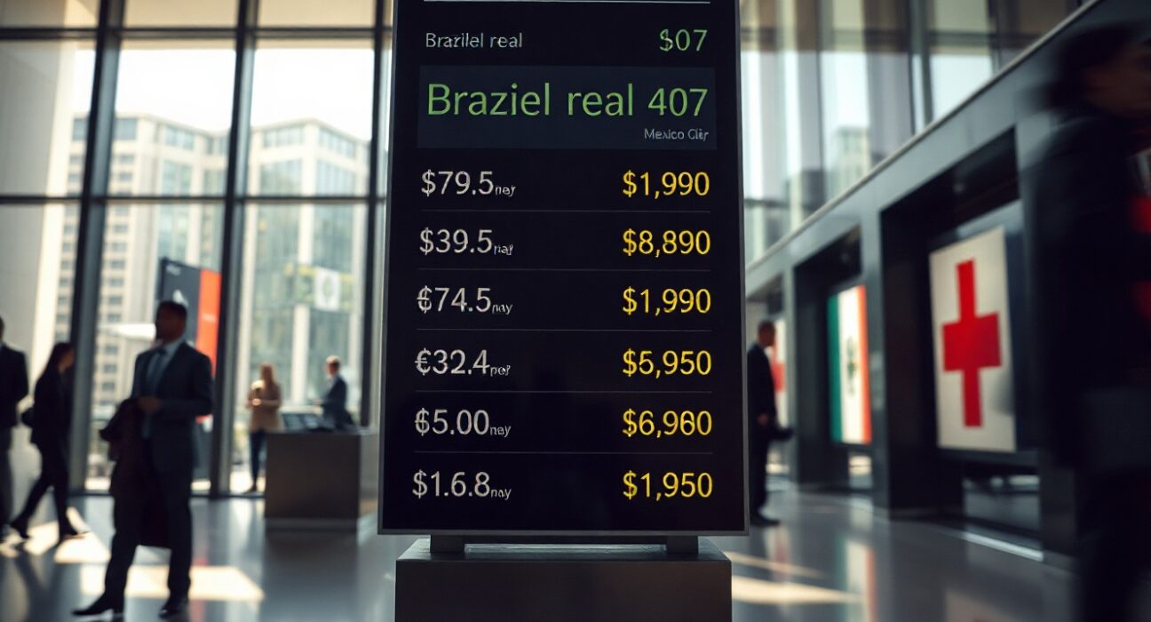 Digital currency exchange board showing LatAm FX rates against US dollar in a financial district