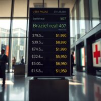Digital currency exchange board showing LatAm FX rates against US dollar in a financial district