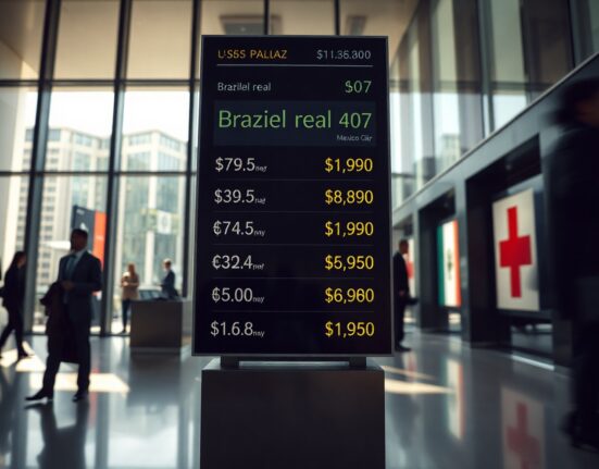 Digital currency exchange board showing LatAm FX rates against US dollar in a financial district