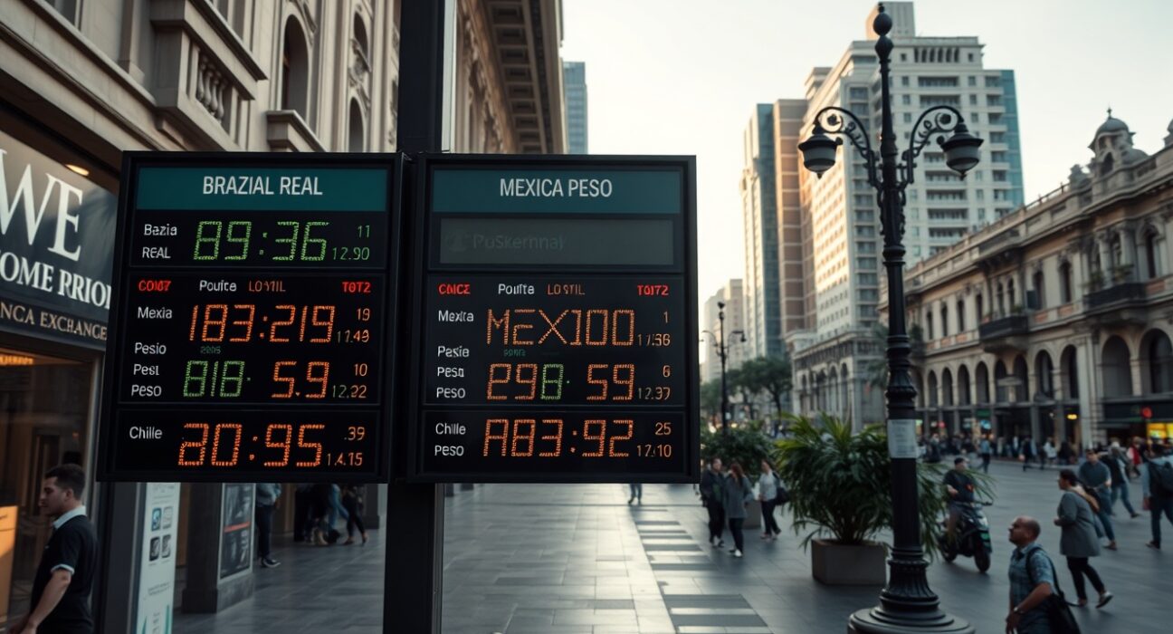 Currency exchange board in Latin America showing LatAm FX rates and positioning risks