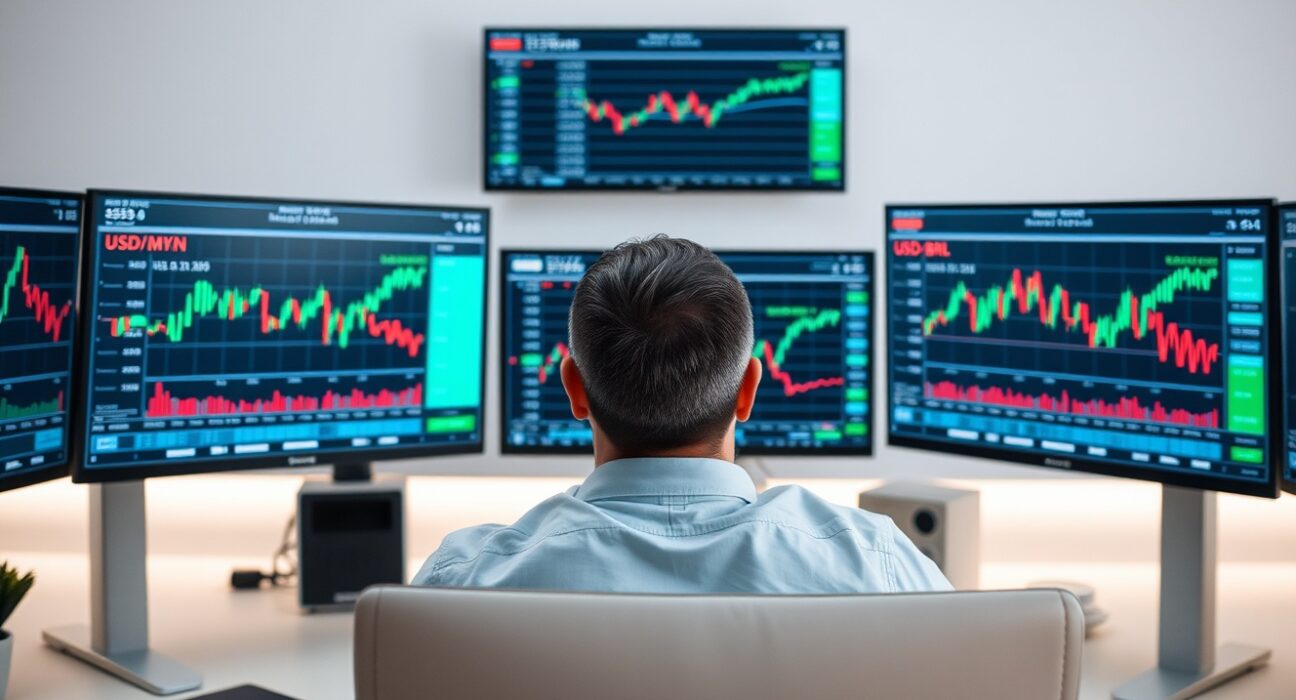 Financial analyst monitoring Latin American currency charts on multiple screens in a modern office.