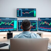 Financial analyst monitoring Latin American currency charts on multiple screens in a modern office.