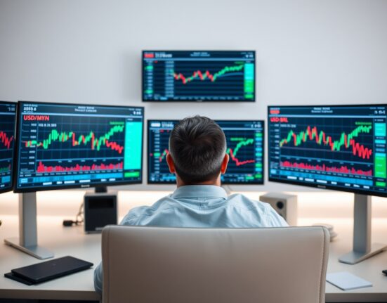 Financial analyst monitoring Latin American currency charts on multiple screens in a modern office.