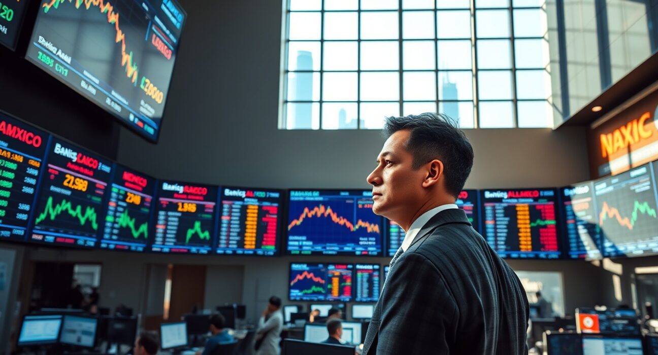 Trading floor screens showing Mexican peso and currency charts with Banxico focus